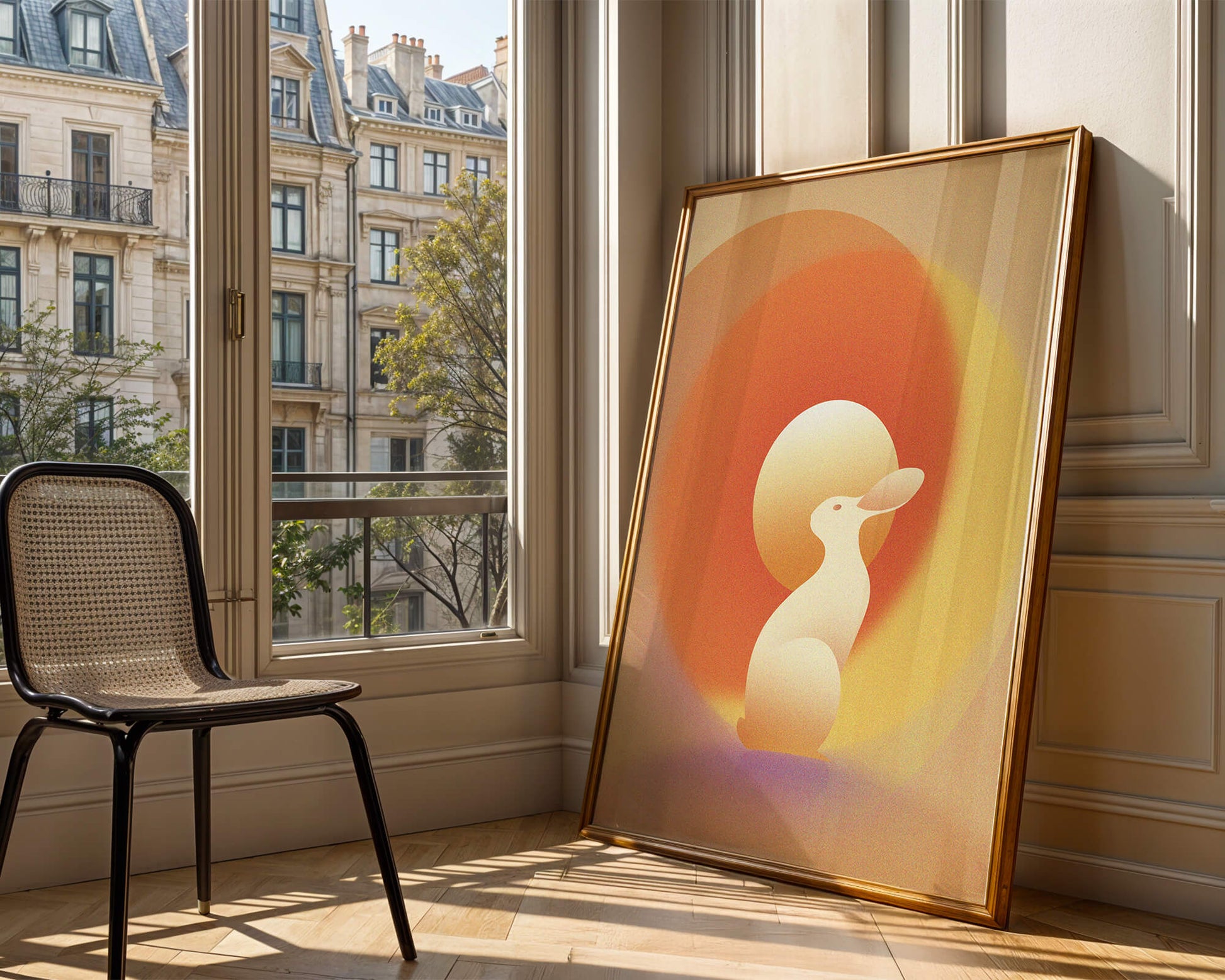 Majestic White Rabbit with Sun and Abstract Circles