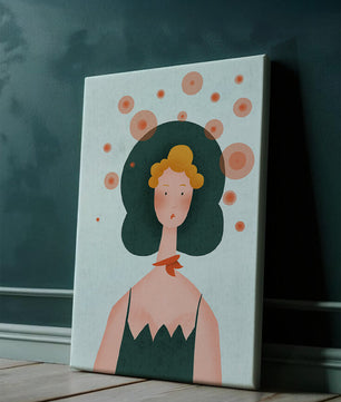 Whimsical Portrait of a Woman with Green Hair and Abstract Circles - Mi tienda