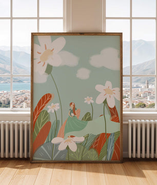 Escena de jardín caprichosa con una mujer en un mundo floral