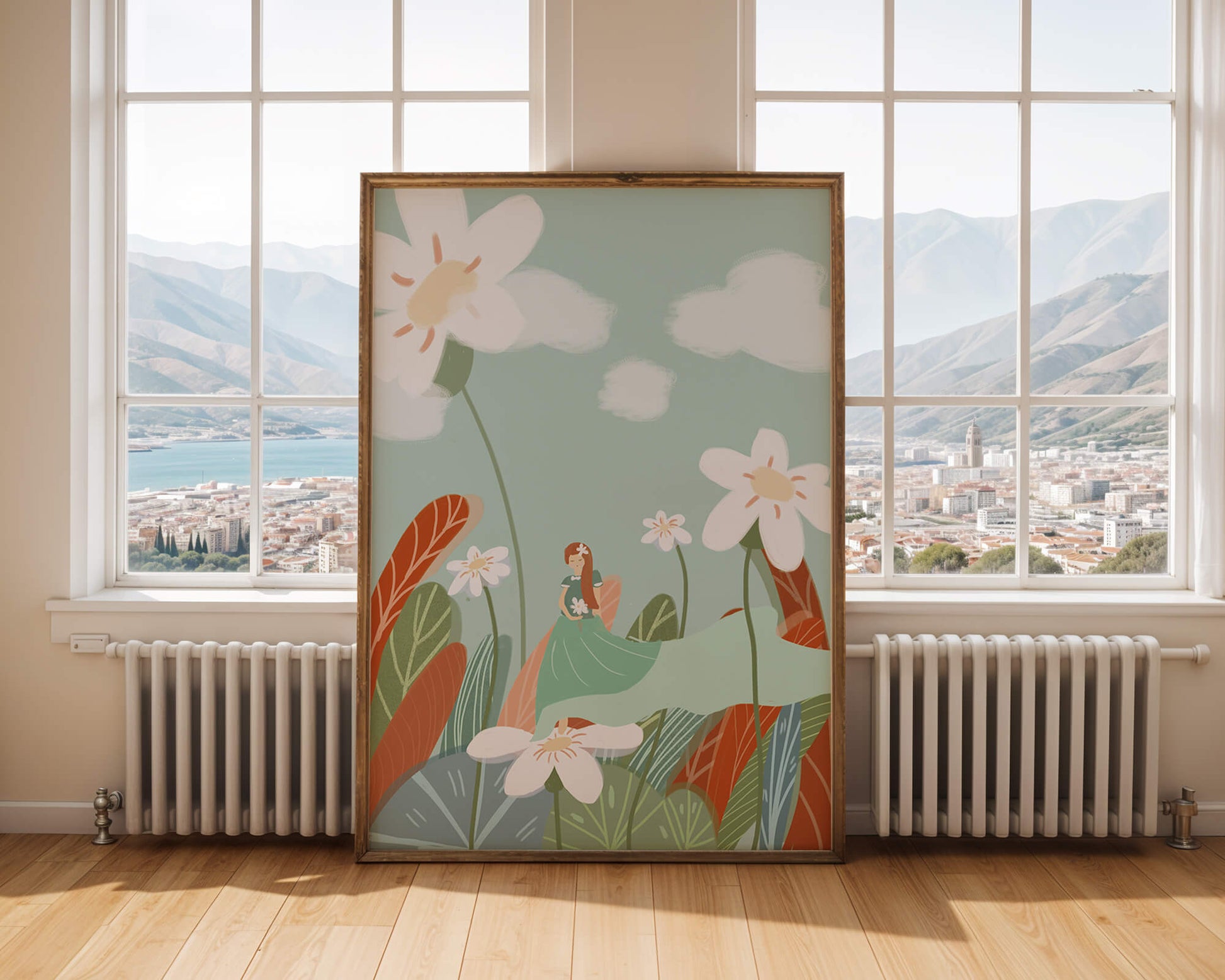Whimsical garden scene with woman in a floral wonderland