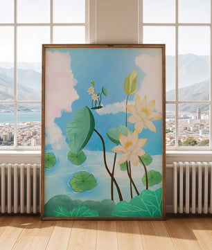 Escena de estanque exuberante con lirios de agua y nubes serenas