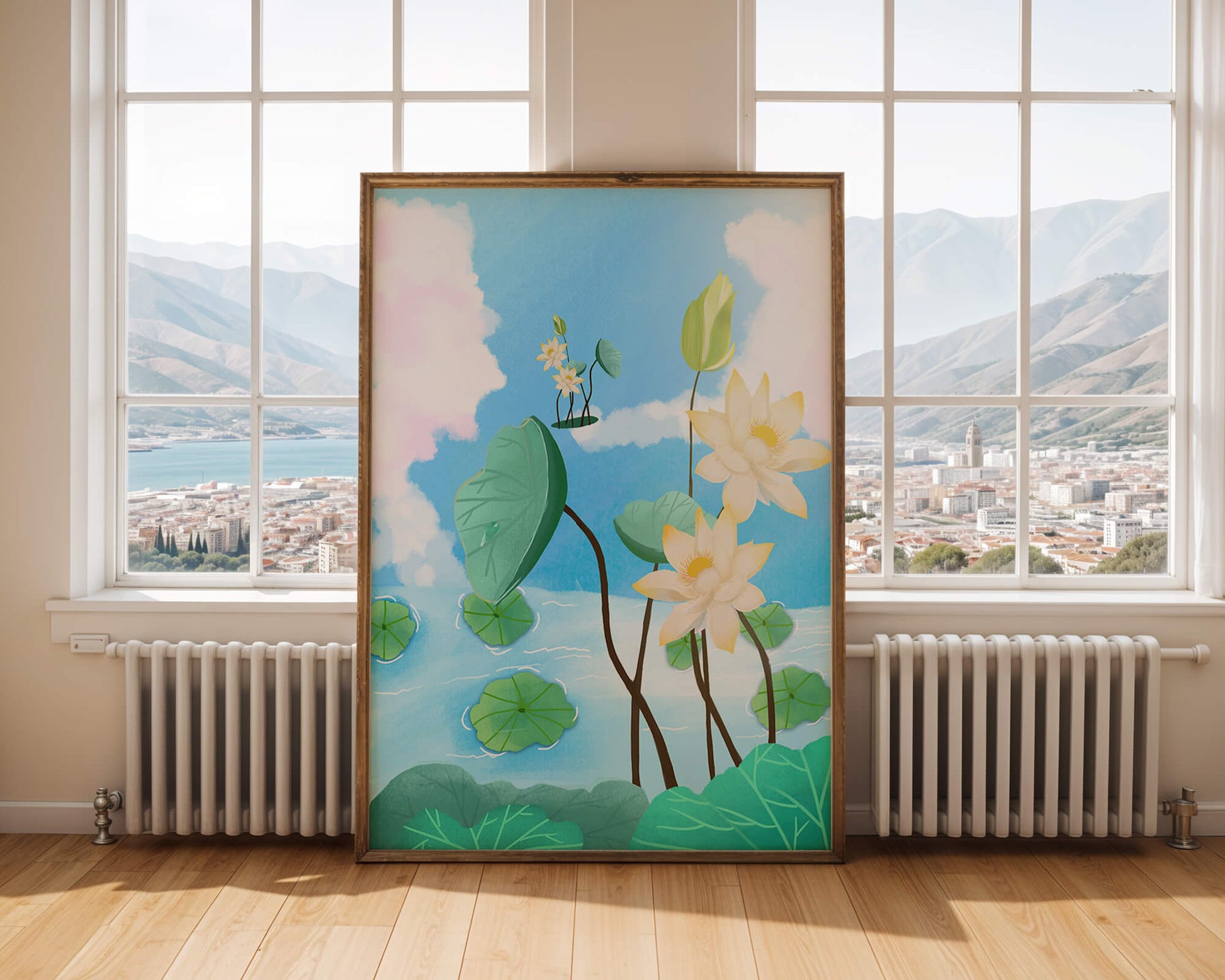 Escena de estanque exuberante con lirios de agua y nubes serenas
