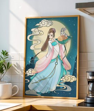 Traditional Asian-inspired artwork featuring a woman and rabbit under a moonlit sky