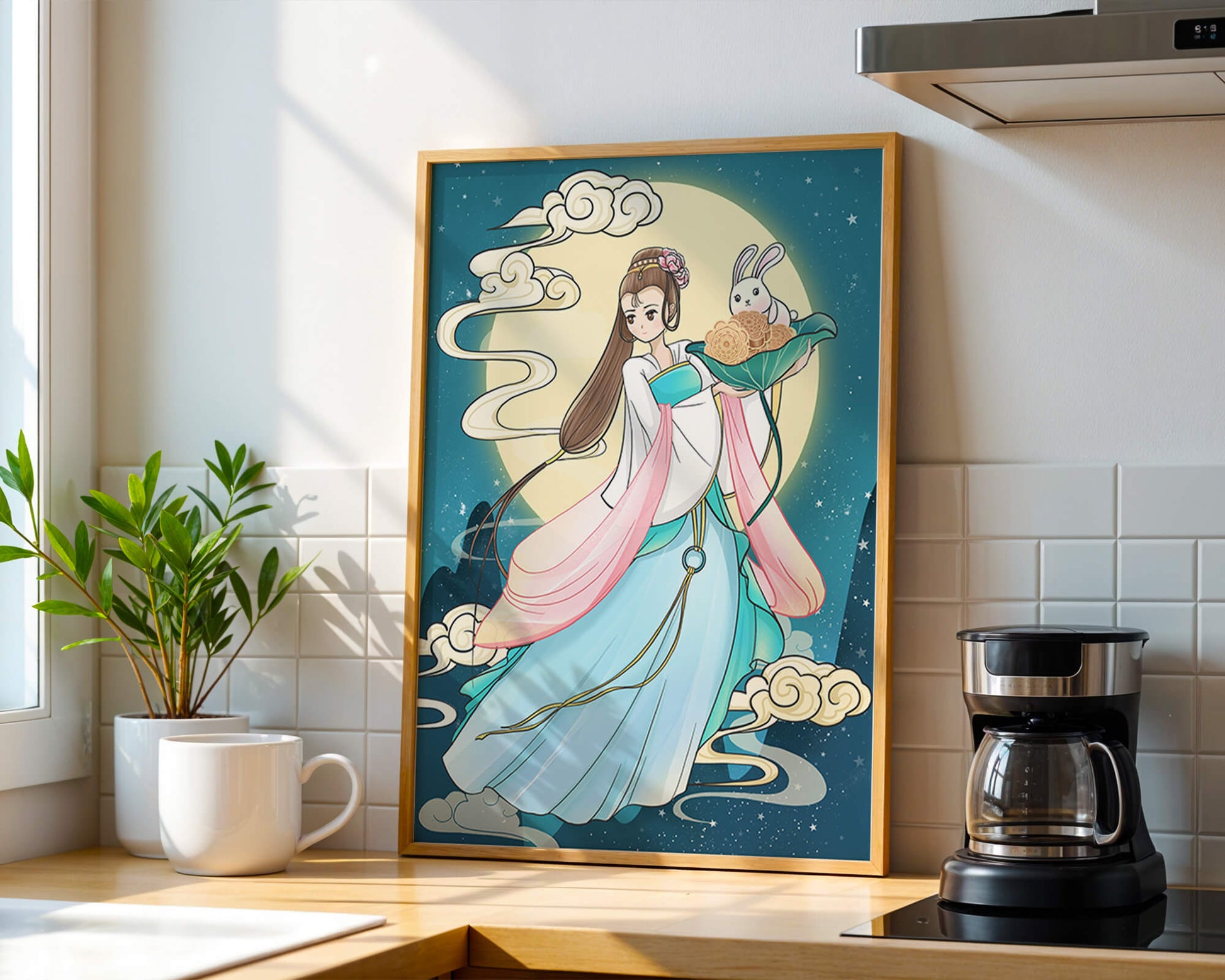 Traditional Asian-inspired artwork featuring a woman and rabbit under a moonlit sky