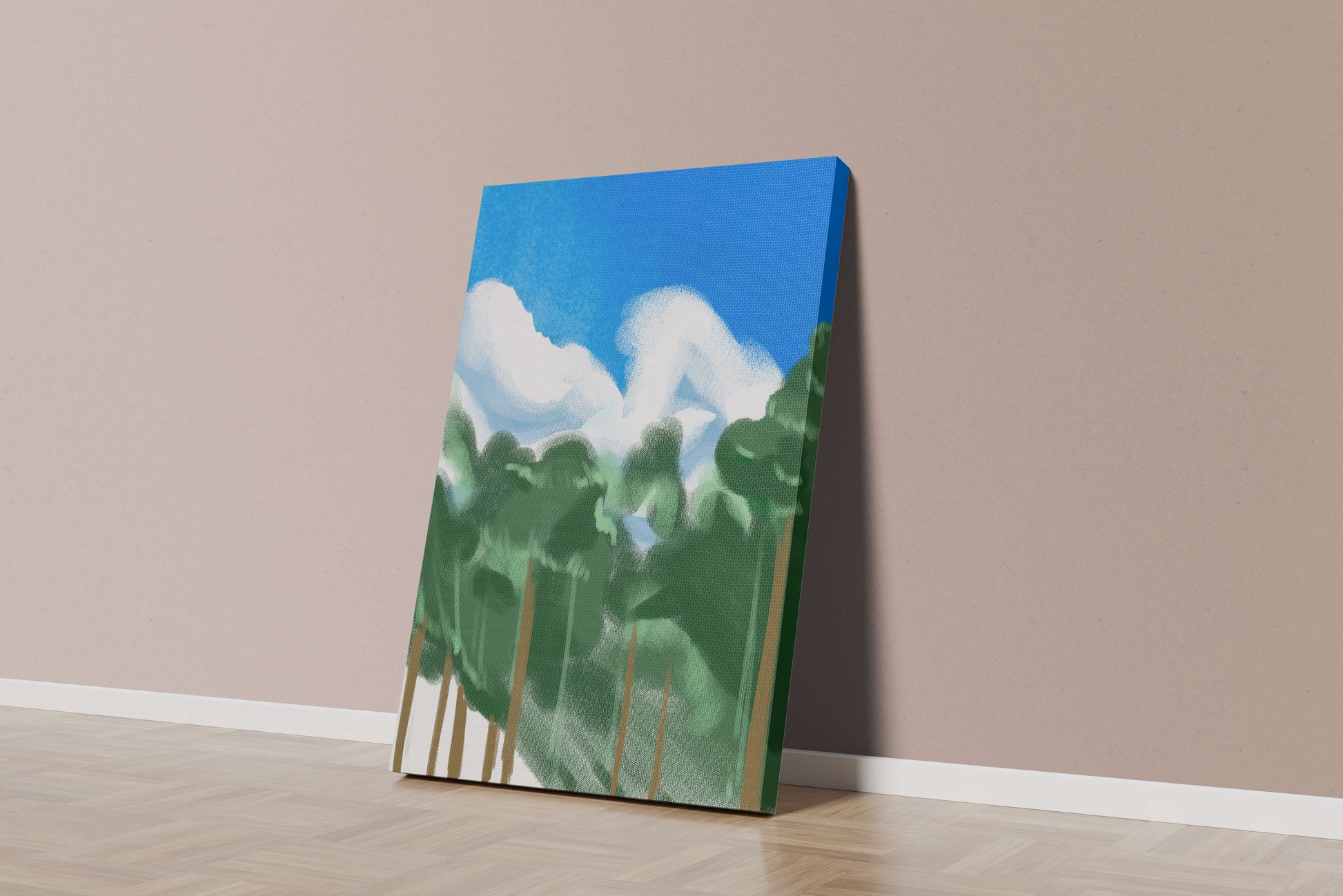Malerische Waldlandschaft mit blauem Himmel und flauschigen Wolken