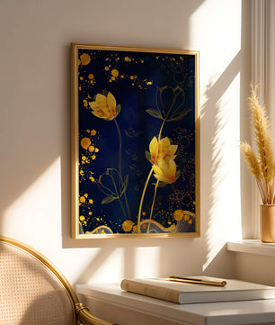 Diseño floral elegante con flores doradas sobre fondo azul marino