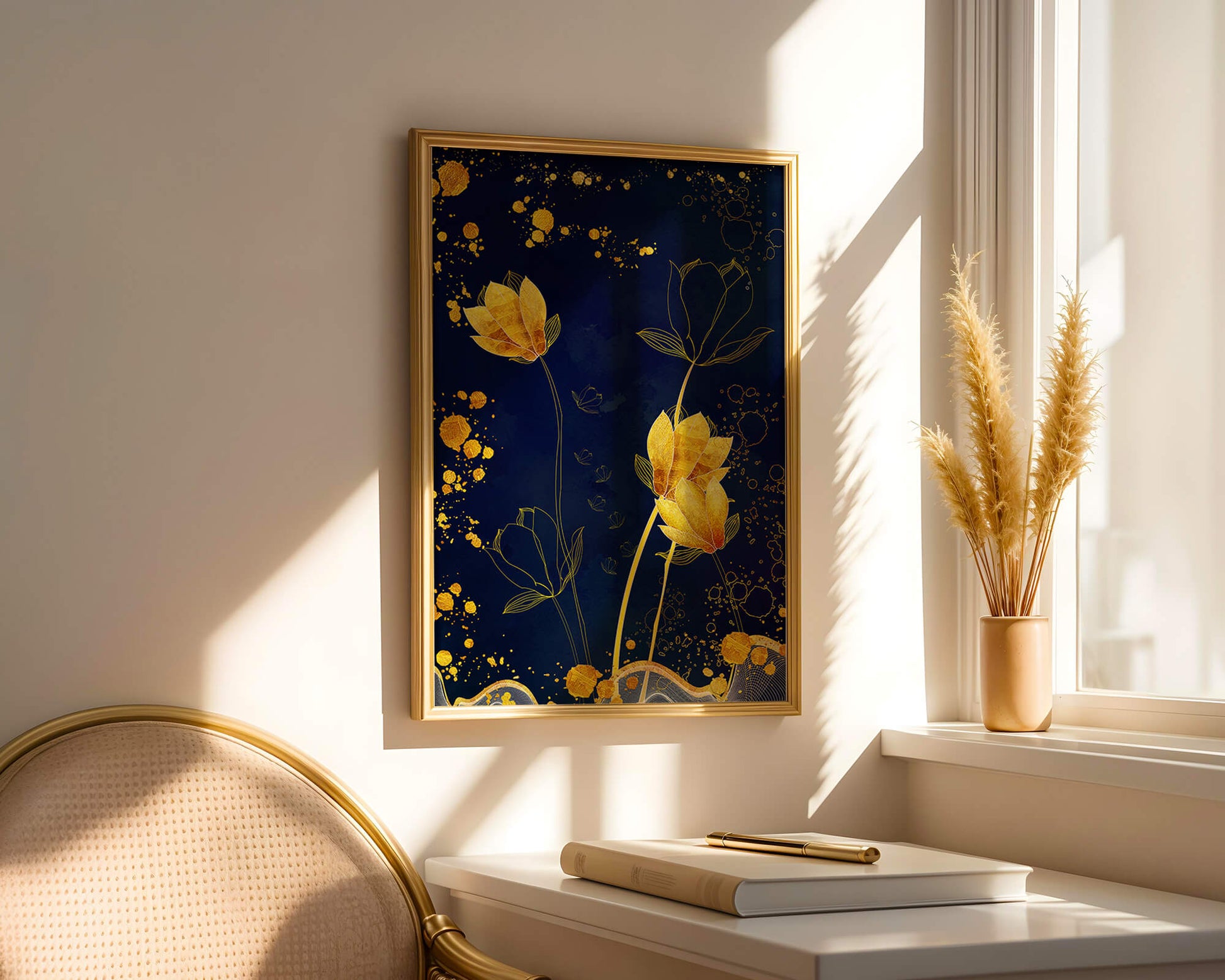 Diseño floral elegante con flores doradas sobre fondo azul marino