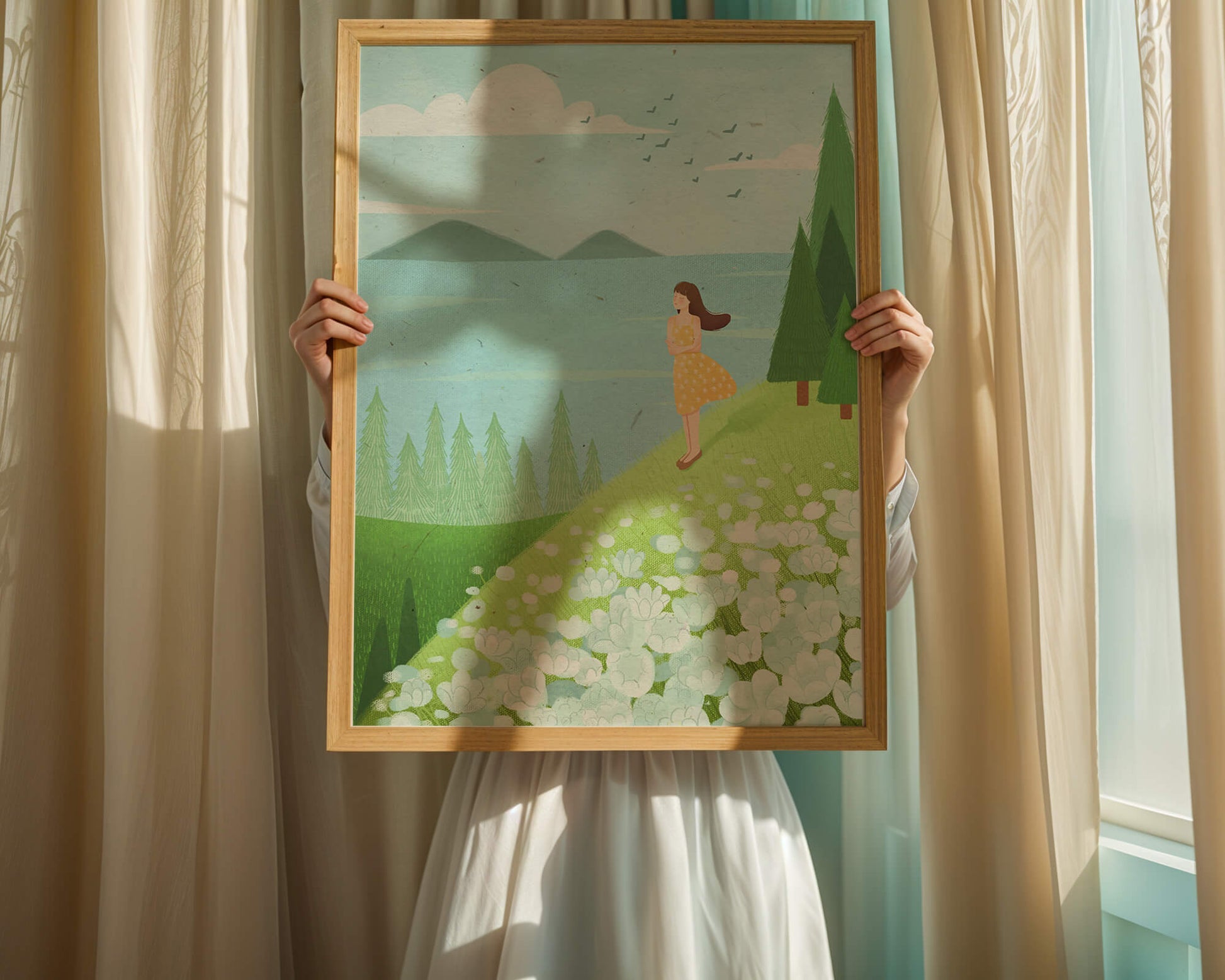 Mujer en vestido amarillo en la ladera con flores y árboles