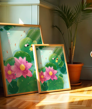 Girl and Panda Relaxing on Lily Pads with Pink Lotus and Goldfish