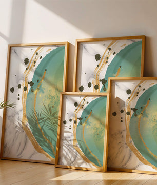 Elegant abstract design with gold accents and teal hues