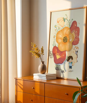 Charming Illustration of Children among Large Flowers with Playful Puppy