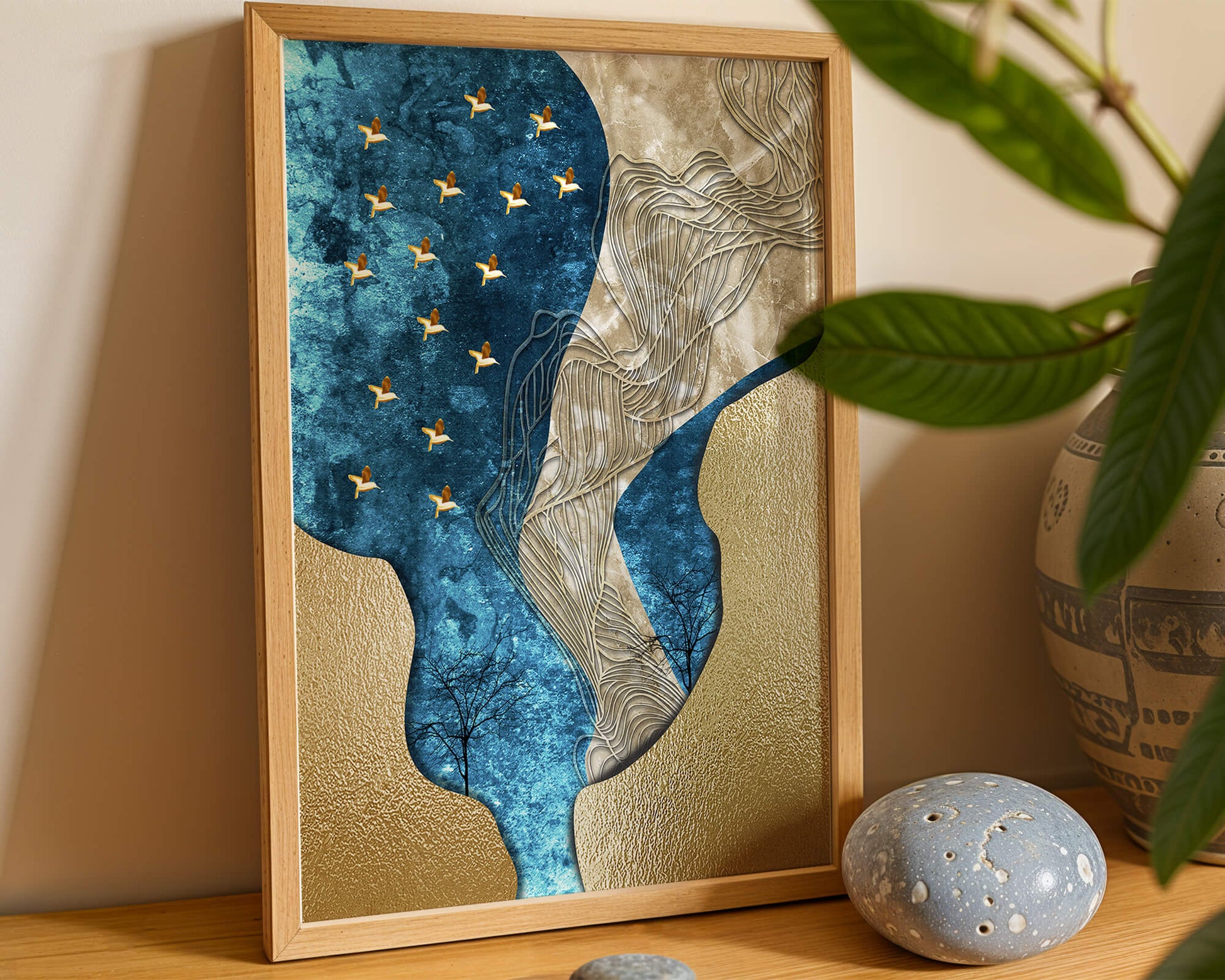 Abstract Textured Landscape with Gold and Blue Elements