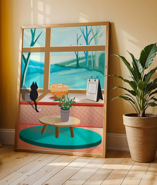 Cozy interior with a cat by the window and potted plants