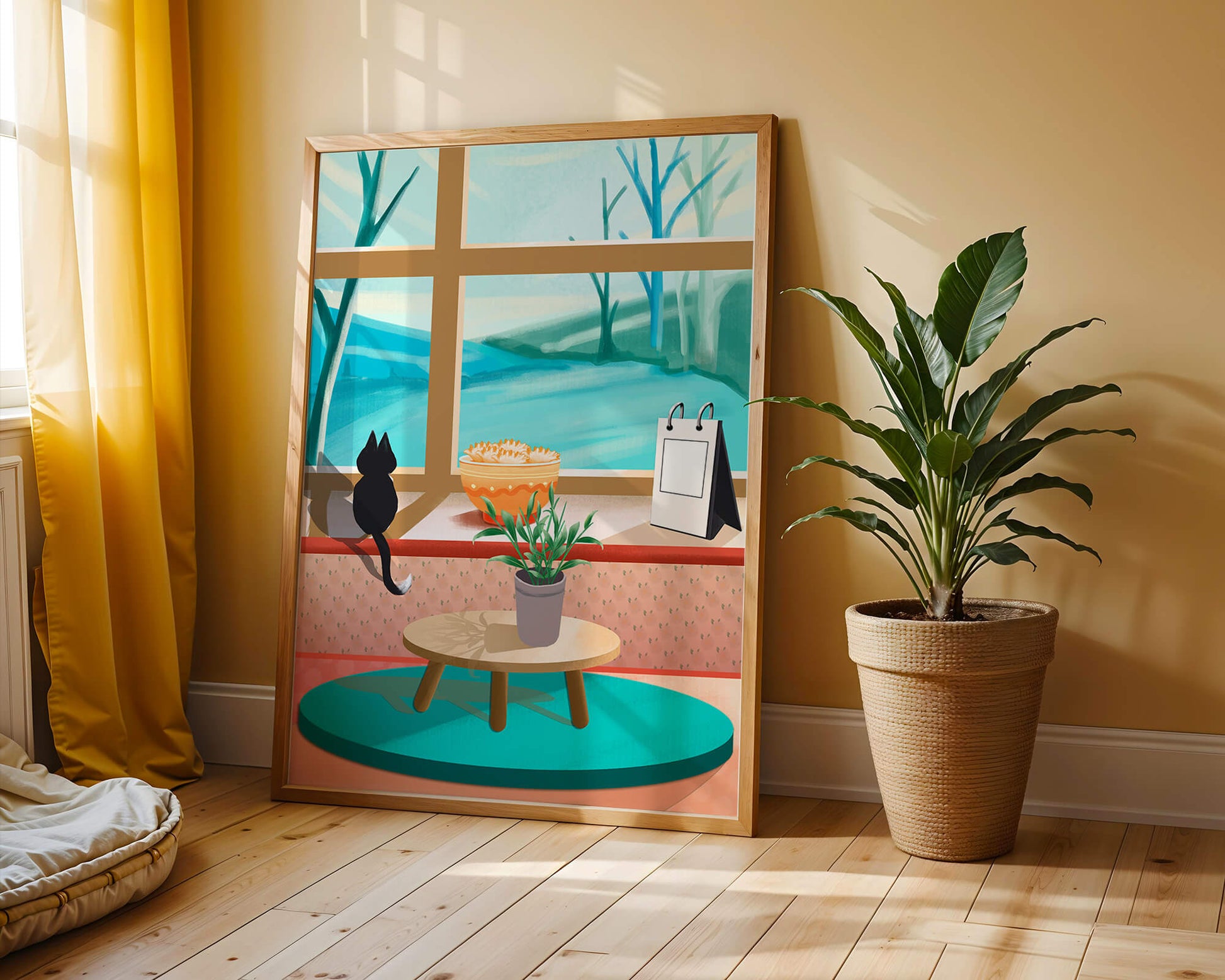 Cozy interior with a cat by the window and potted plants