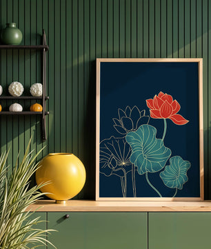 Elegant Floral Illustration with Vibrant Lotus and Gold Outlines on Dark Background