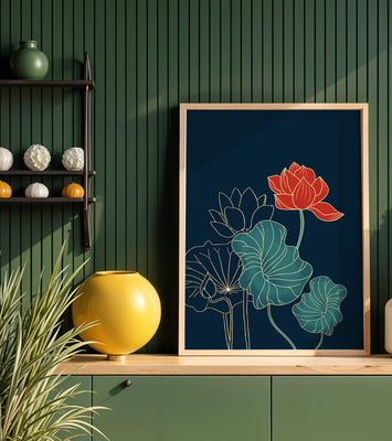 Elegant Floral Illustration with Vibrant Lotus and Gold Outlines on Dark Background