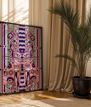 Art de chat géométrique coloré avec motifs abstraits en tons pastel