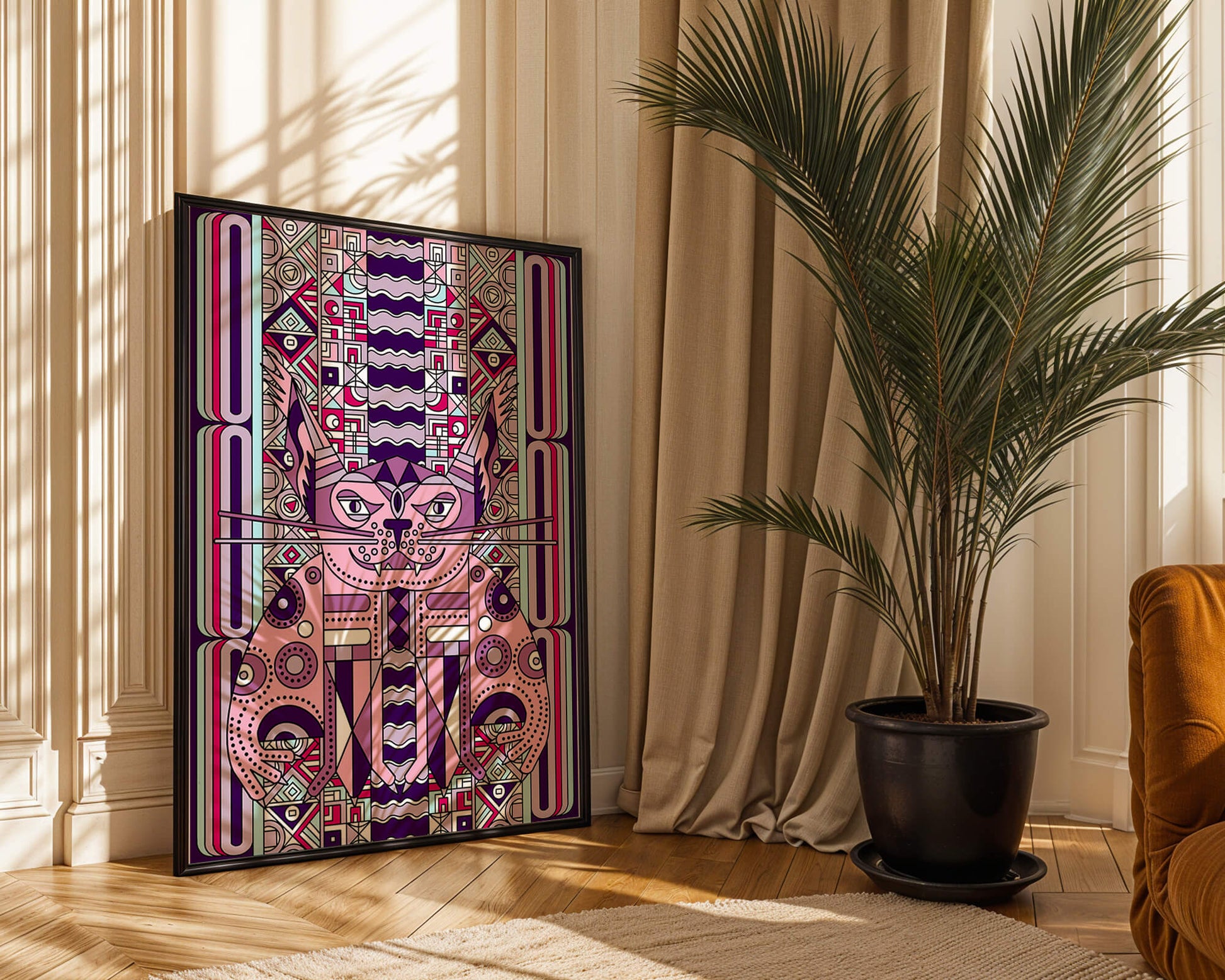 Art de chat géométrique coloré avec motifs abstraits en tons pastel