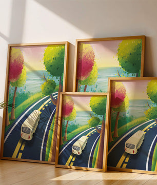 Scenic Road Trip with Vibrant Trees and Sunset