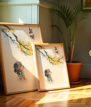 Charming illustration of a child gazing at birds and yellow blossoms
