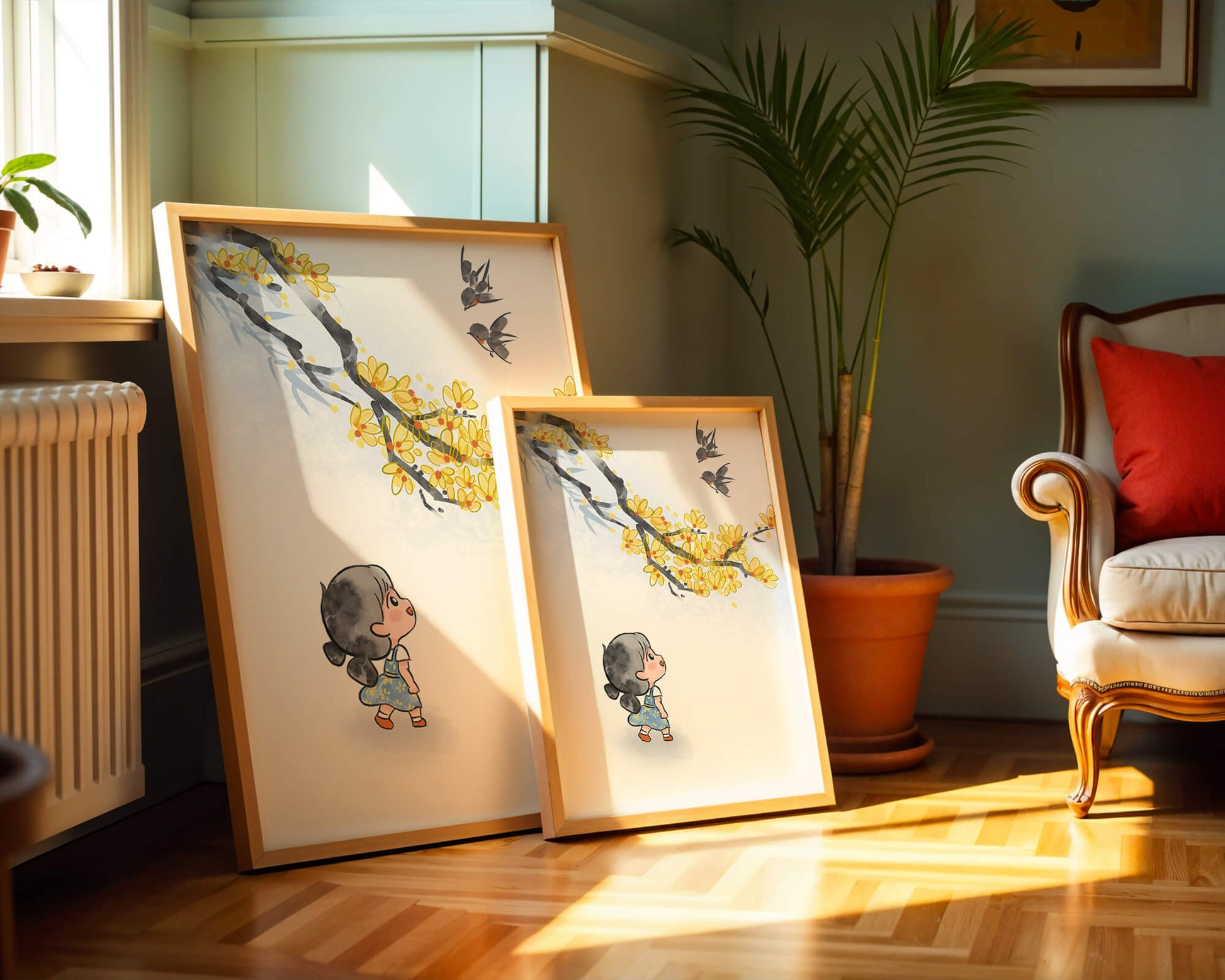 Charming illustration of a child gazing at birds and yellow blossoms