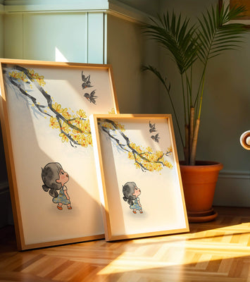 Charming illustration of a child gazing at birds and yellow blossoms