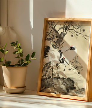 Traditional Japanese Painting of Cranes with Pine Tree and Gold Details