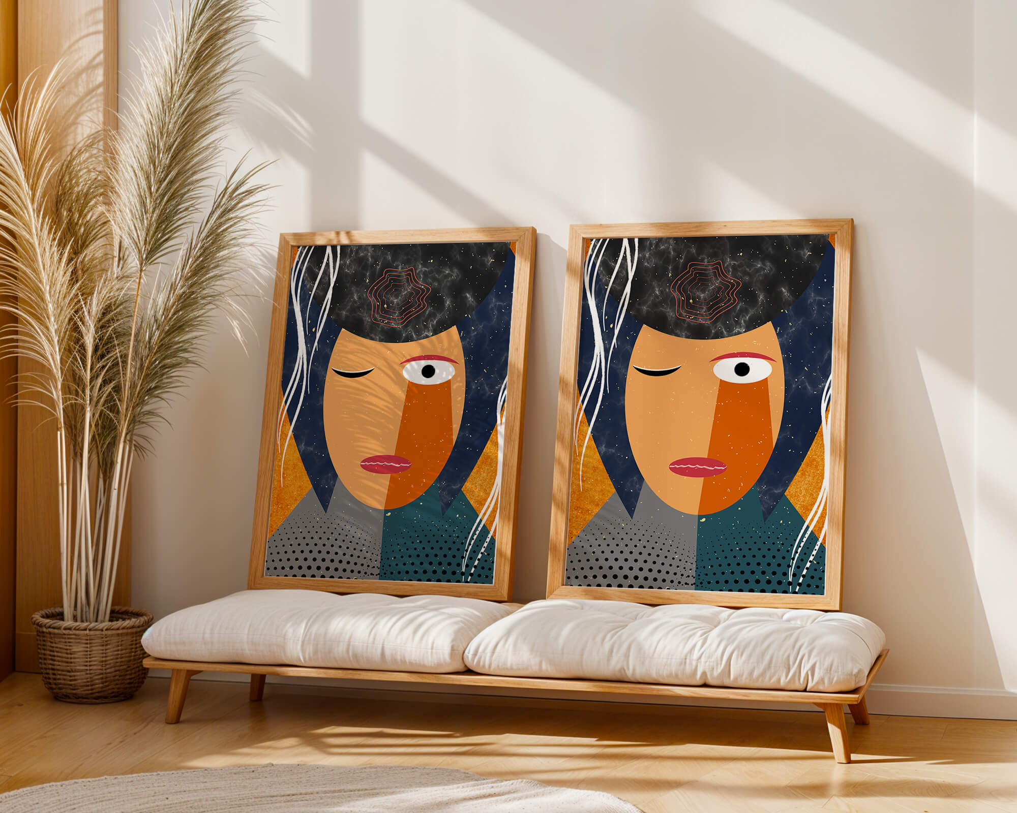 Abstract geometric portrait featuring vibrant colors and textures
