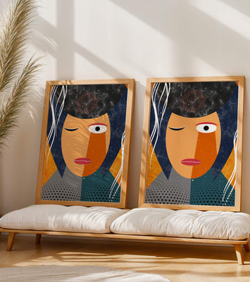 Abstract geometric portrait featuring vibrant colors and textures
