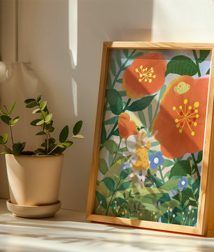Whimsical illustration of a fairy child in a vibrant floral landscape