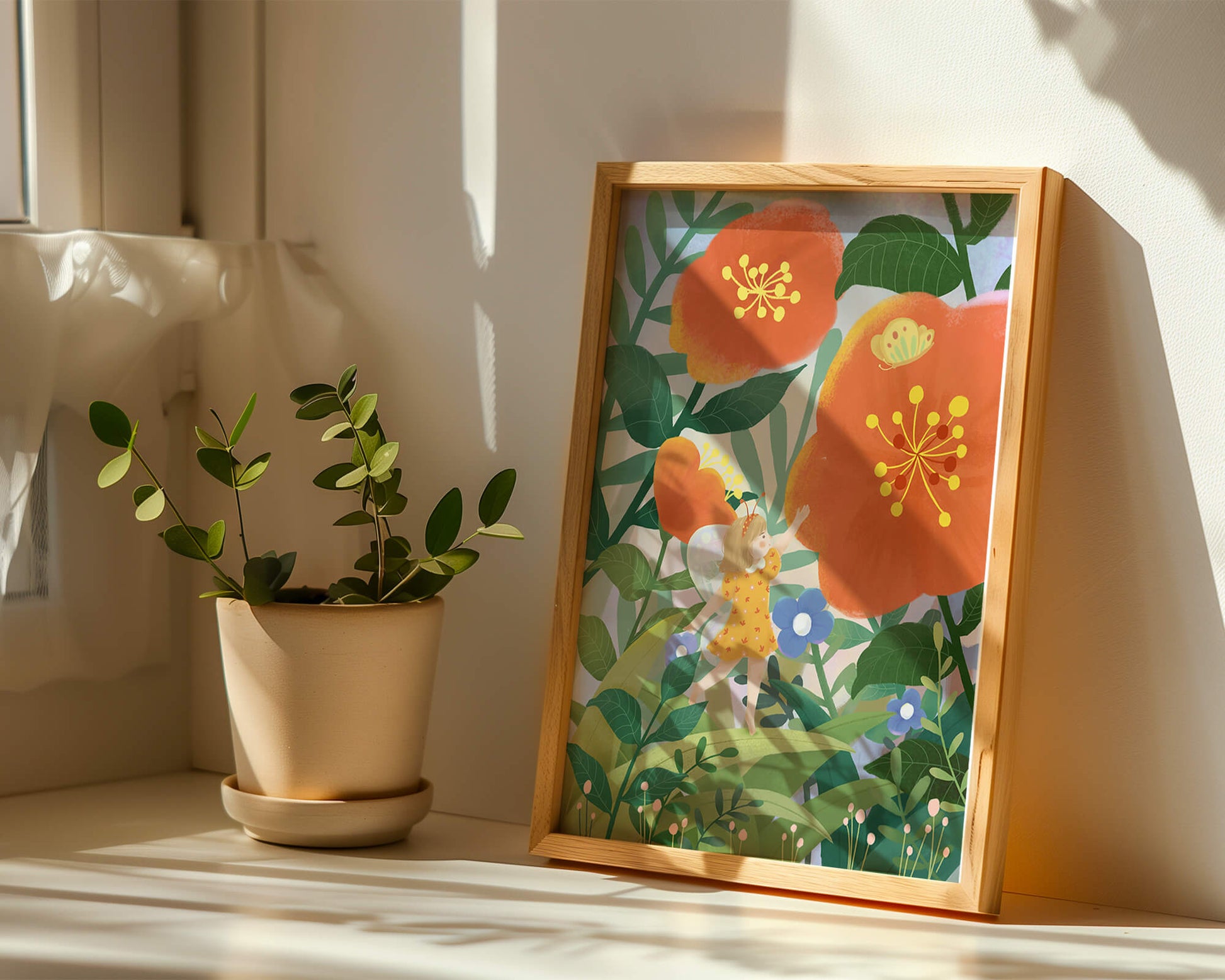 Whimsical illustration of a fairy child in a vibrant floral landscape