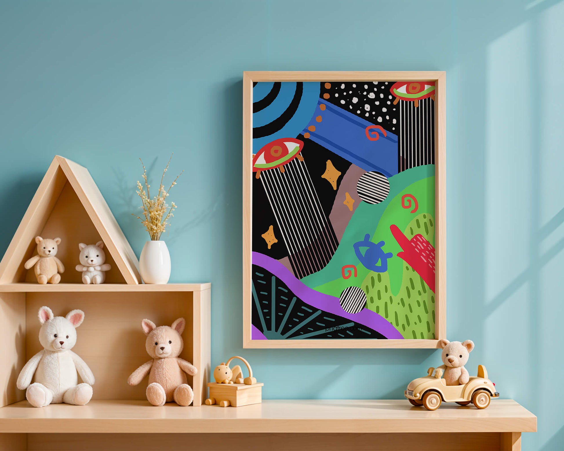 Œuvre d'art psychédélique abstraite colorée avec des formes géométriques et des yeux