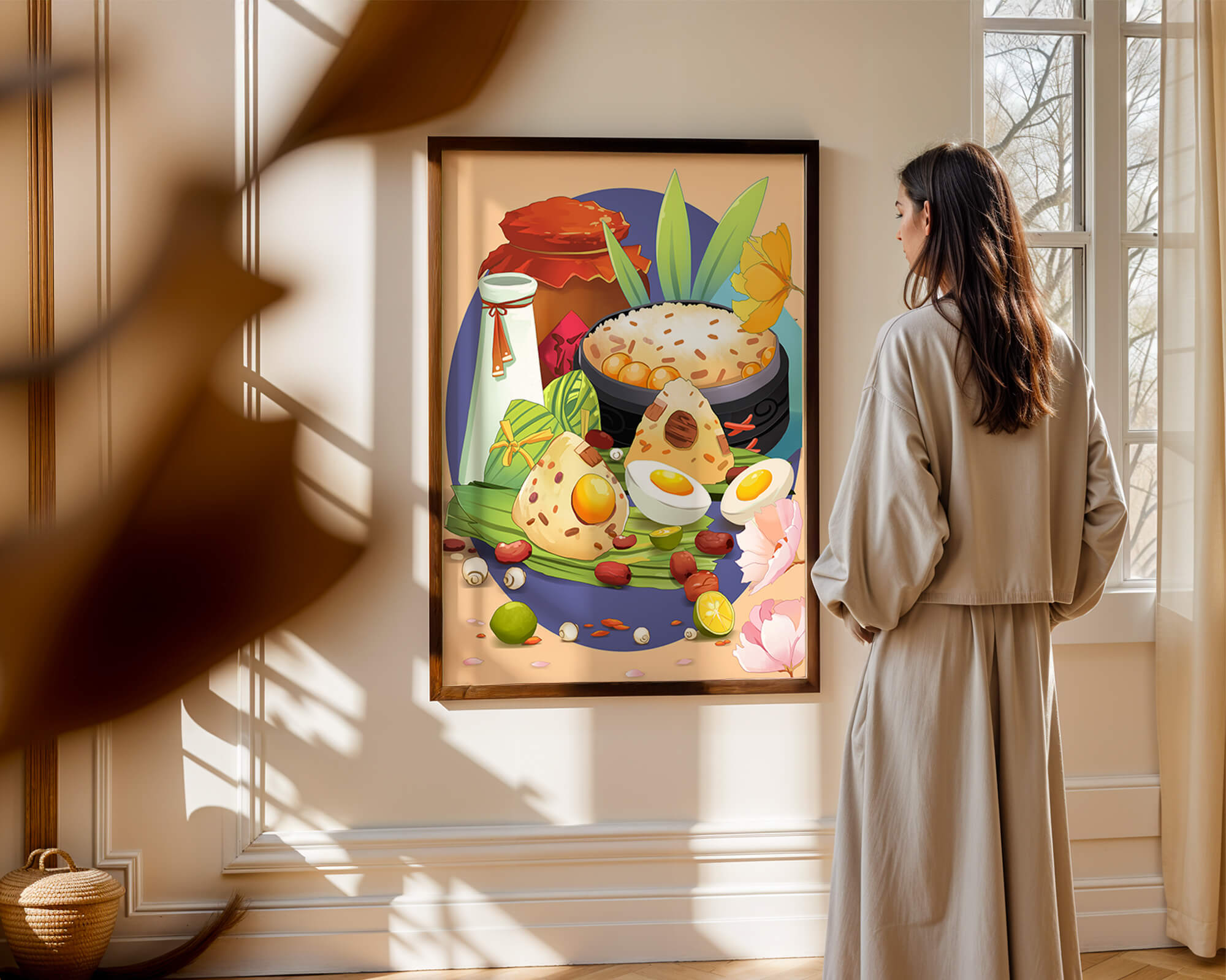Traditional Asian culinary still life with rice and eggs