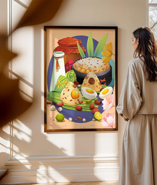 Naturaleza muerta culinaria asiática tradicional con arroz y huevos