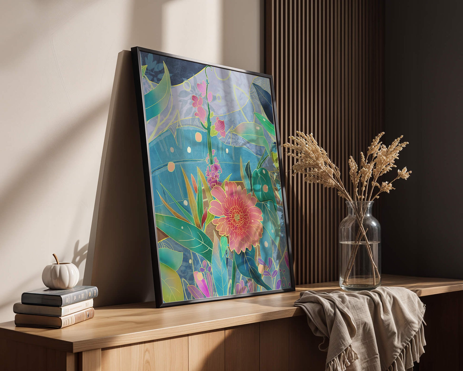 Kunst abstrak bunga yang berwarna-warni dengan bunga dan daun yang cerah
