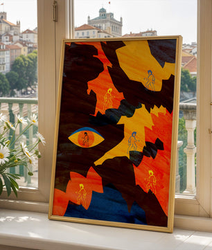 Abstract colorful artwork with eye and silhouettes