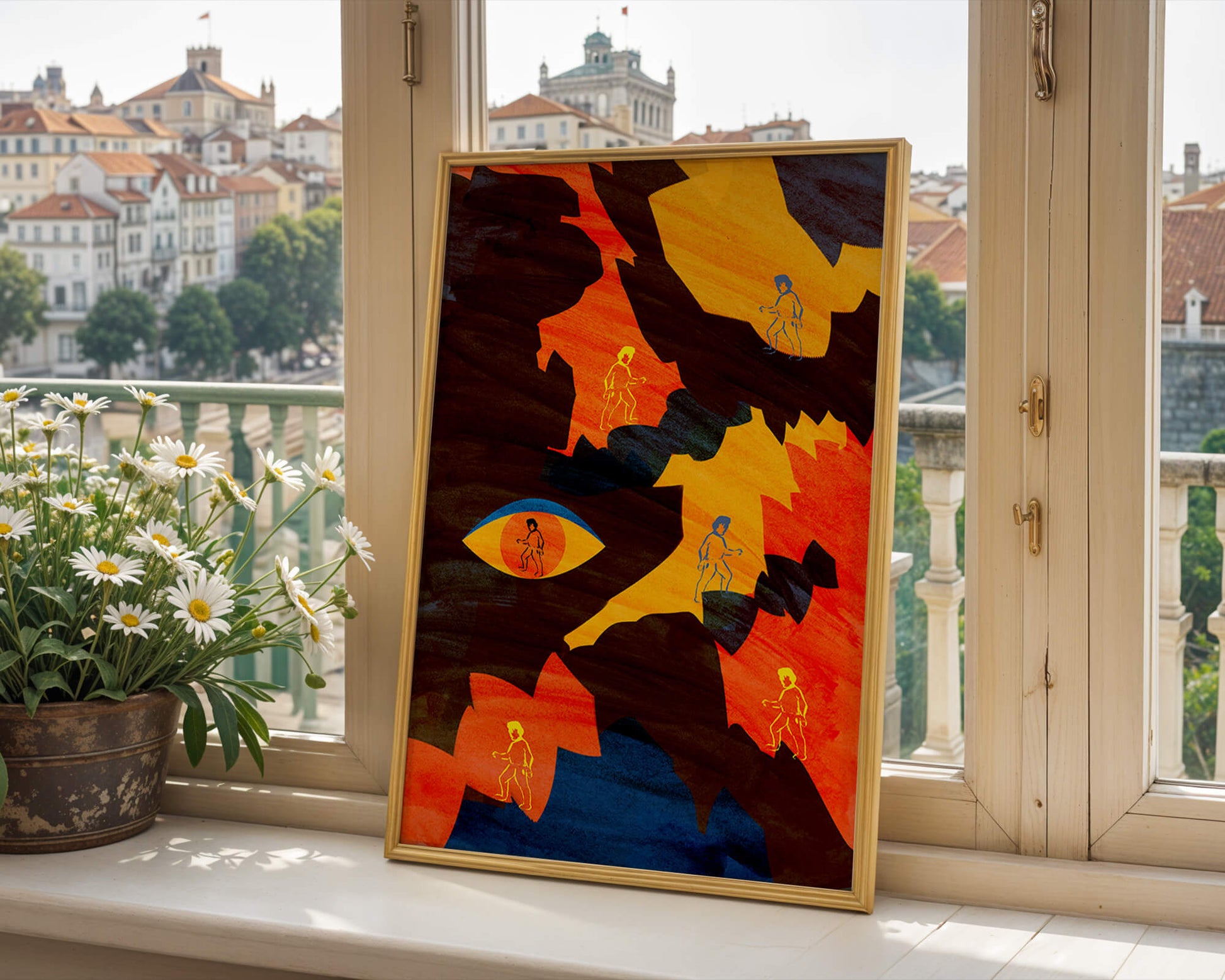 Abstract colorful artwork with eye and silhouettes