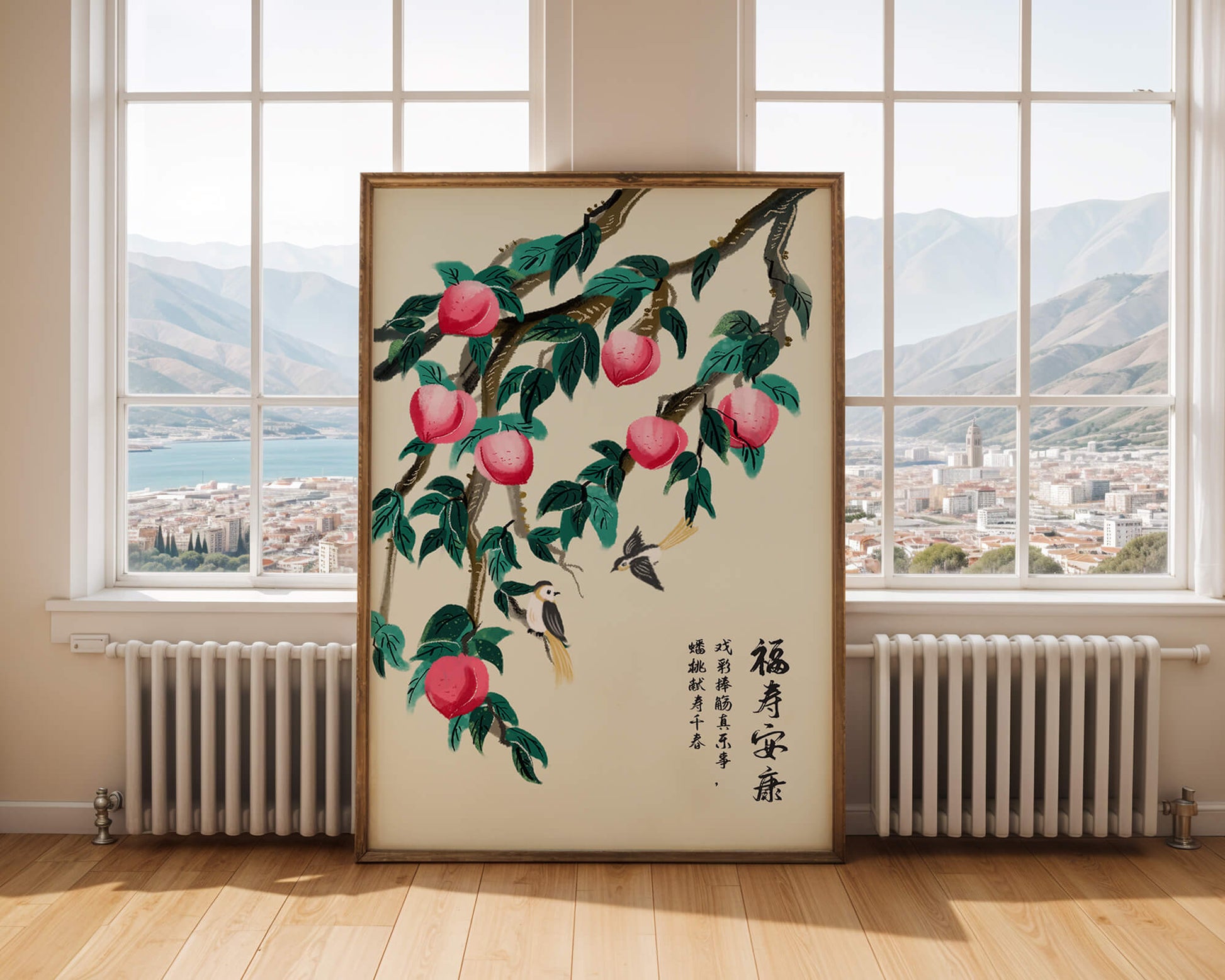Delicate illustration of peach tree with birds and calligraphy