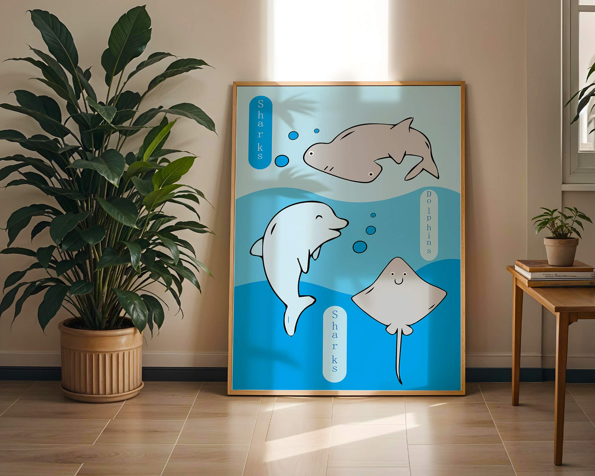 Cartoon sea animals illustration with shark, dolphin, and stingray
