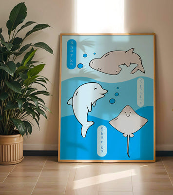 Cartoon sea animals illustration with shark, dolphin, and stingray