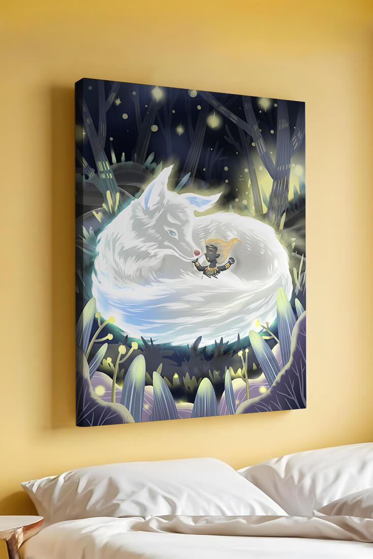 Whimsical forest scene with a sleeping wolf and a mysterious figure at night
