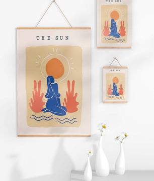 Modern abstract art poster featuring the sun and a serene figure in blue and coral tones - Mi tienda