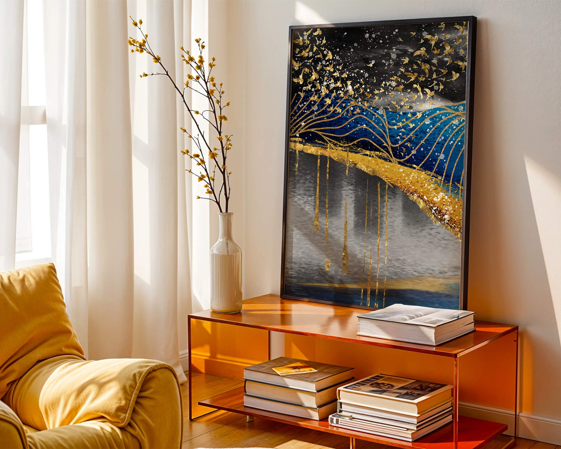 Abstract Night Sky With Golden Birds And Waves