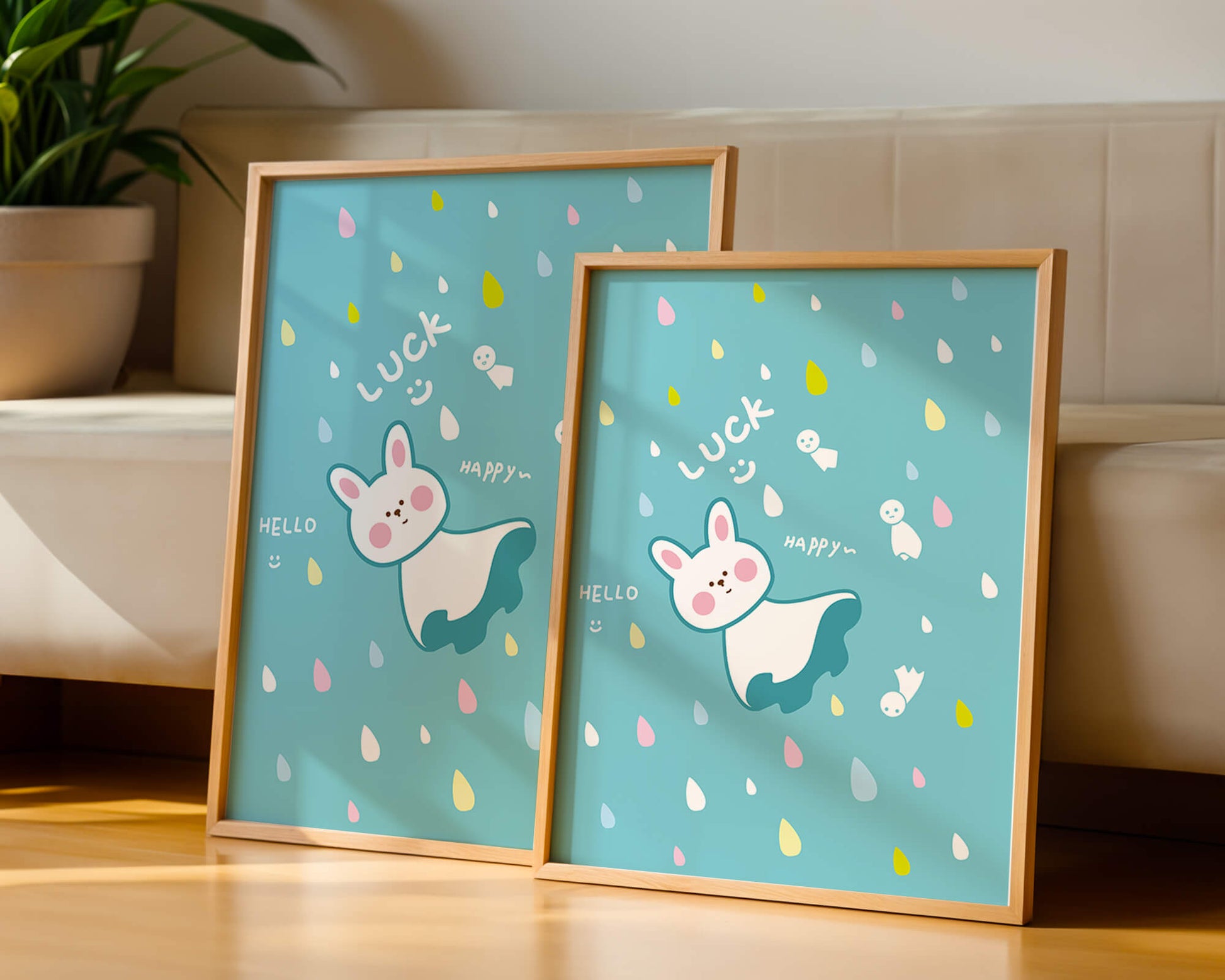 Adorable cartoon bunny with colorful drops on a blue background