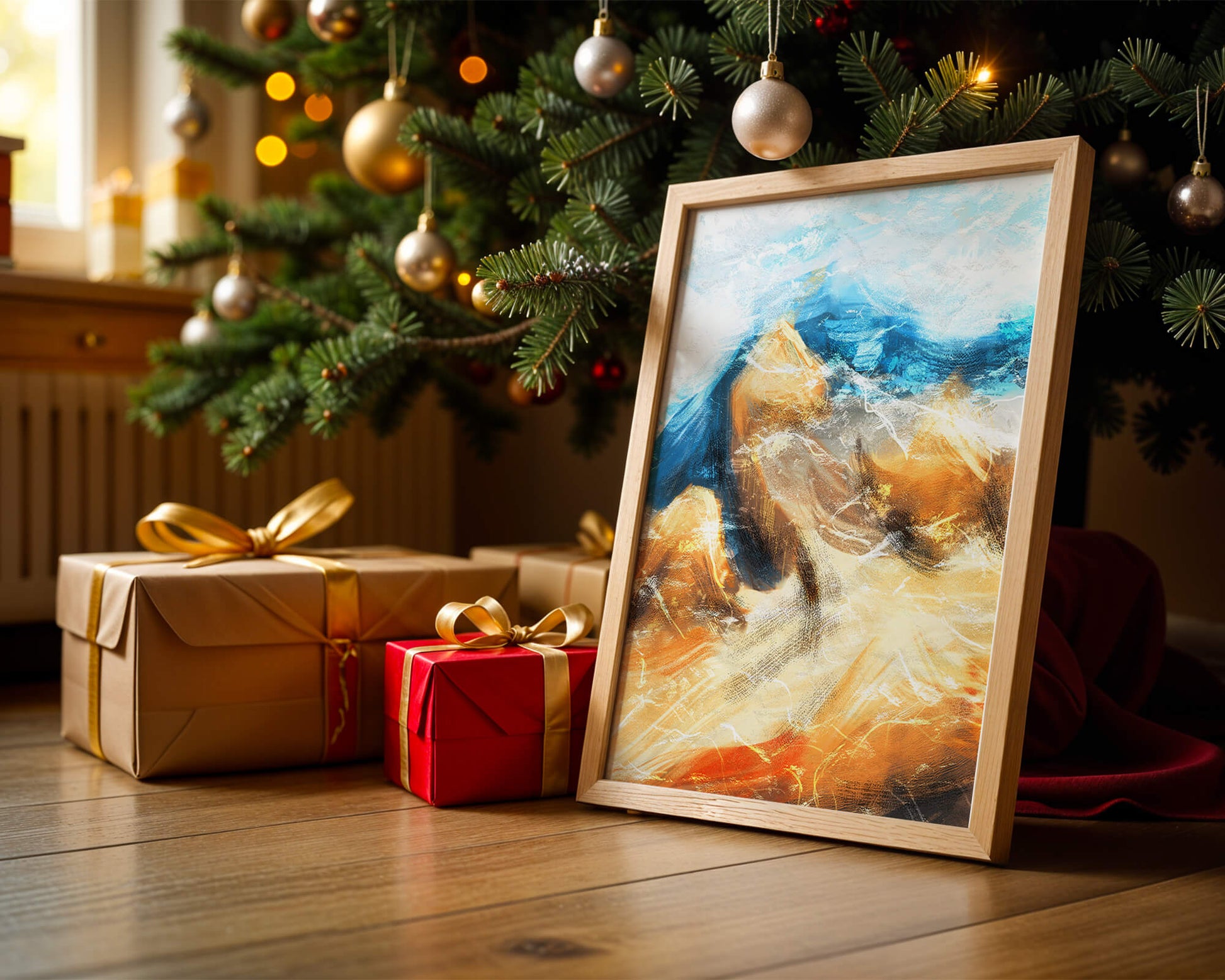 Abstract landscape with blue and golden hues