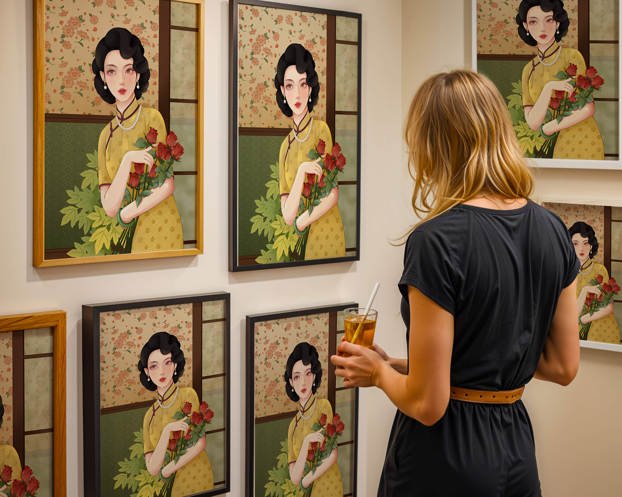 Elegant woman with floral backdrop holding a bouquet