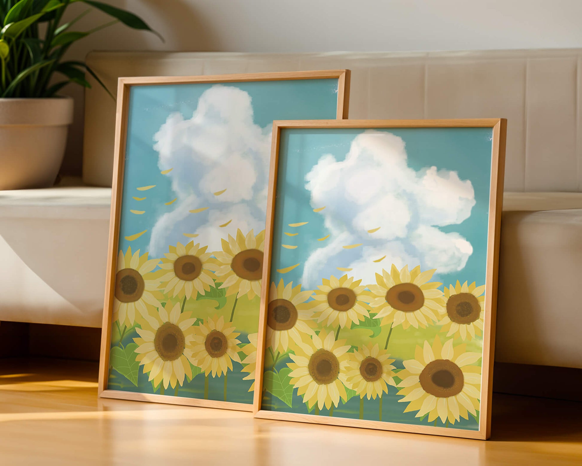 Girasoles en un prado brillante con cielo azul y nubes