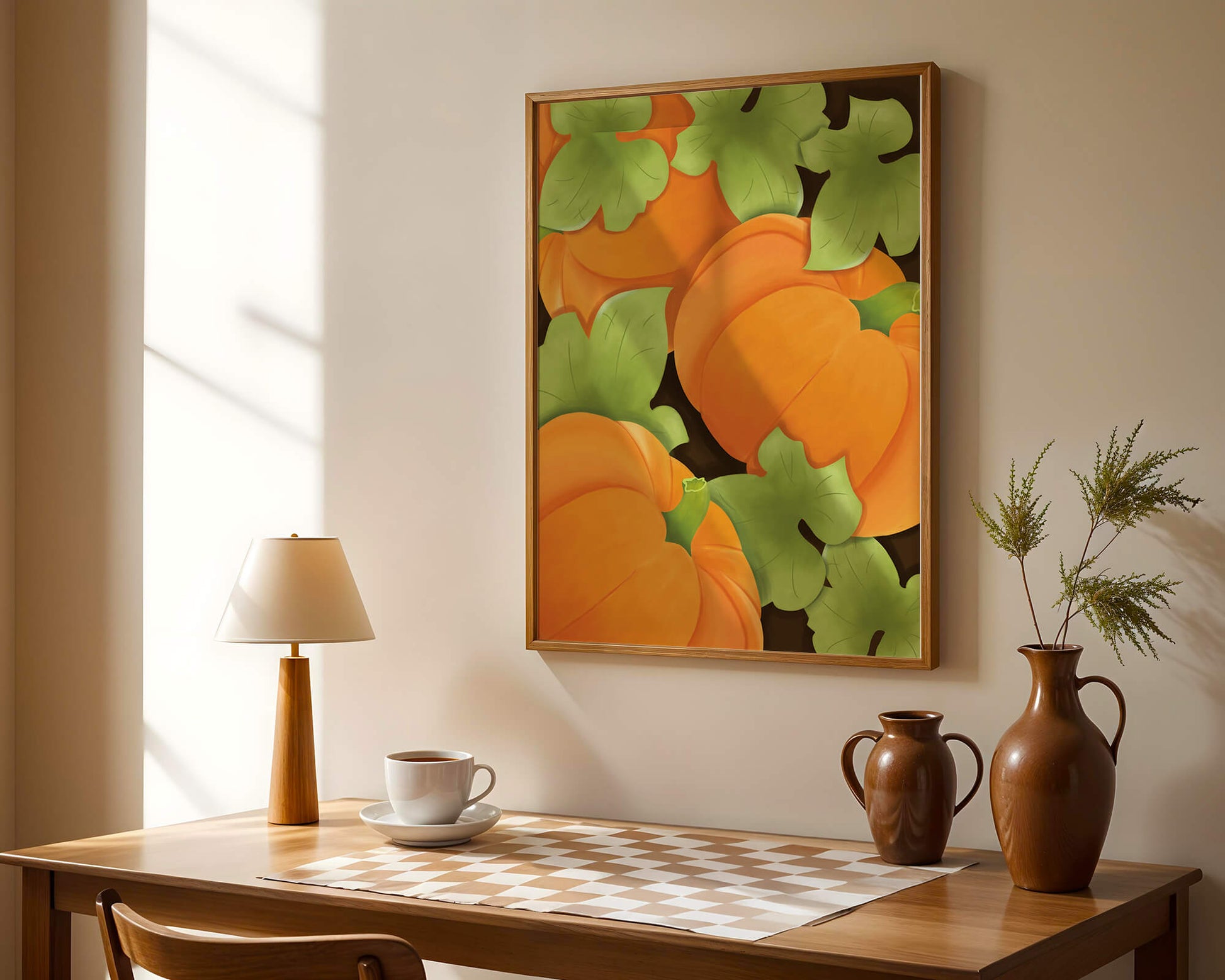 Colorful Pumpkin Pattern With Green Leaves