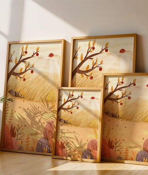 Autumn landscape illustration with apple tree and sunrise in a serene field