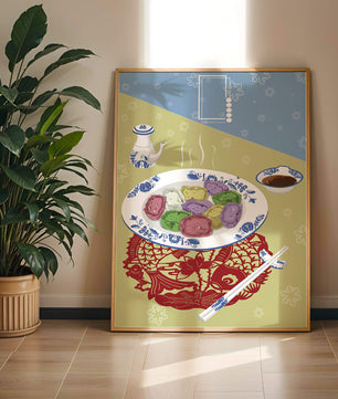 Colorful dumplings and tea set on decorative mat